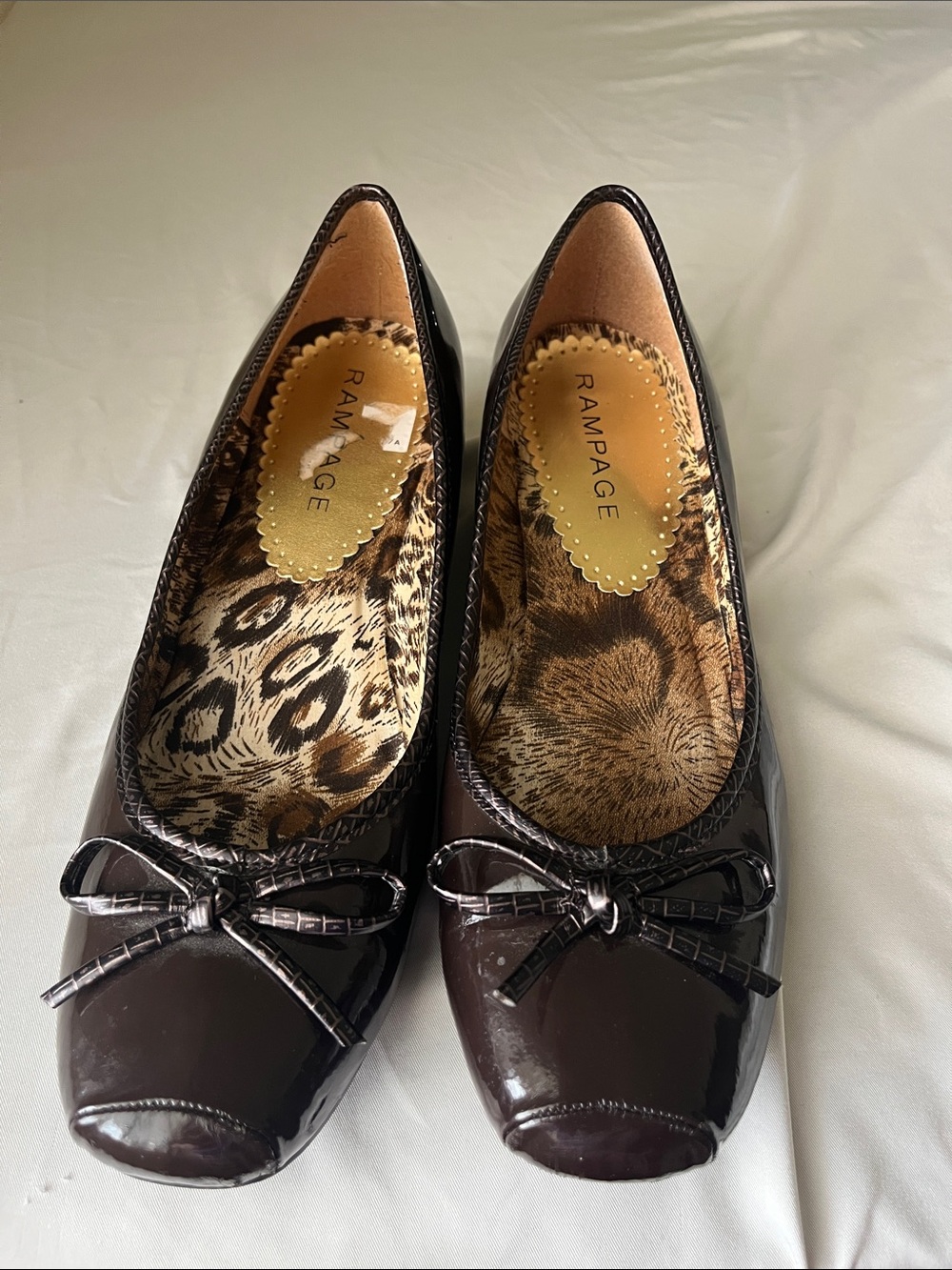 Rampage Brown Patent Ballet Wedge Flats with Bow and Leopard Lining